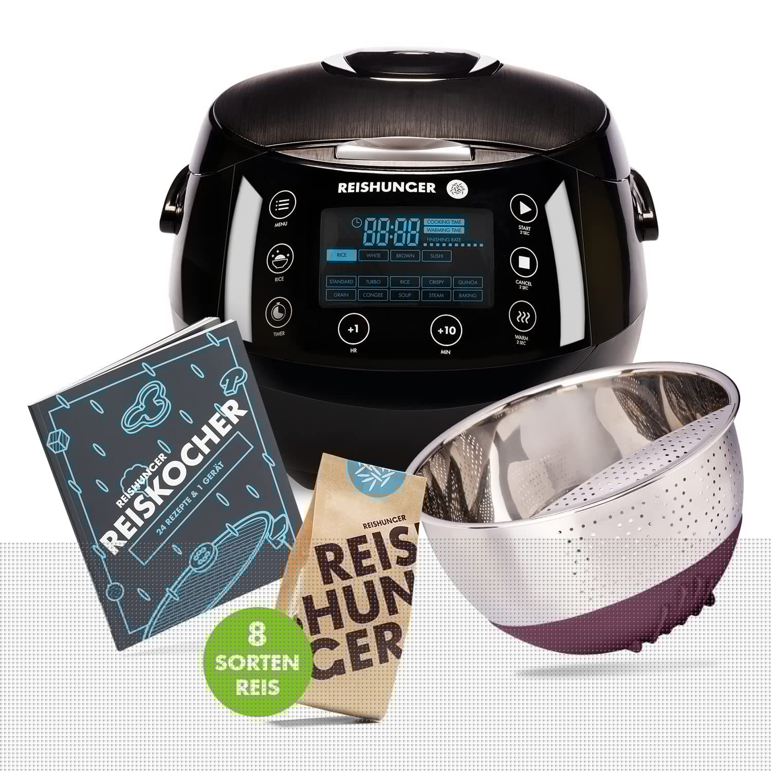 REISHUNGER Starter Set Digitaler Reiskocher & Dampfgarer Schwarz | inkl. Kochbuch, Reiswaschschüssel und 8 Sorten Reis (8 x 200g) Schwarz, Starter Set Angebot bei HelloDeals