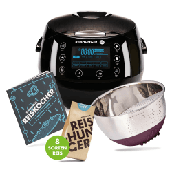 REISHUNGER Starter Set Digitaler Reiskocher & Dampfgarer Schwarz | inkl. Kochbuch, Reiswaschschüssel und 8 Sorten Reis (8 x 200g) Schwarz, Starter Set Angebot bei HelloDeals