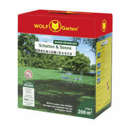 WOLF-Garten „Schatten & Sonne“ Premium-Rasen LP 200 (für 200 m², sehr hohe Dichte mit ca. 100.000 Trieben/m2, besonders strapazierfähig, hohe Schattenverträglichkeit, 4kg Faltschachtel) 3820050 200 m² Single Angebot bei HelloDeals