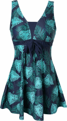 Ecupper Badeanzug Damen Elegant Einteiliger Badeanzug Mit Brustpolster Badeanzugkleid Baderock XL Dunkelgrüne Blätter Angebot bei HelloDeals
