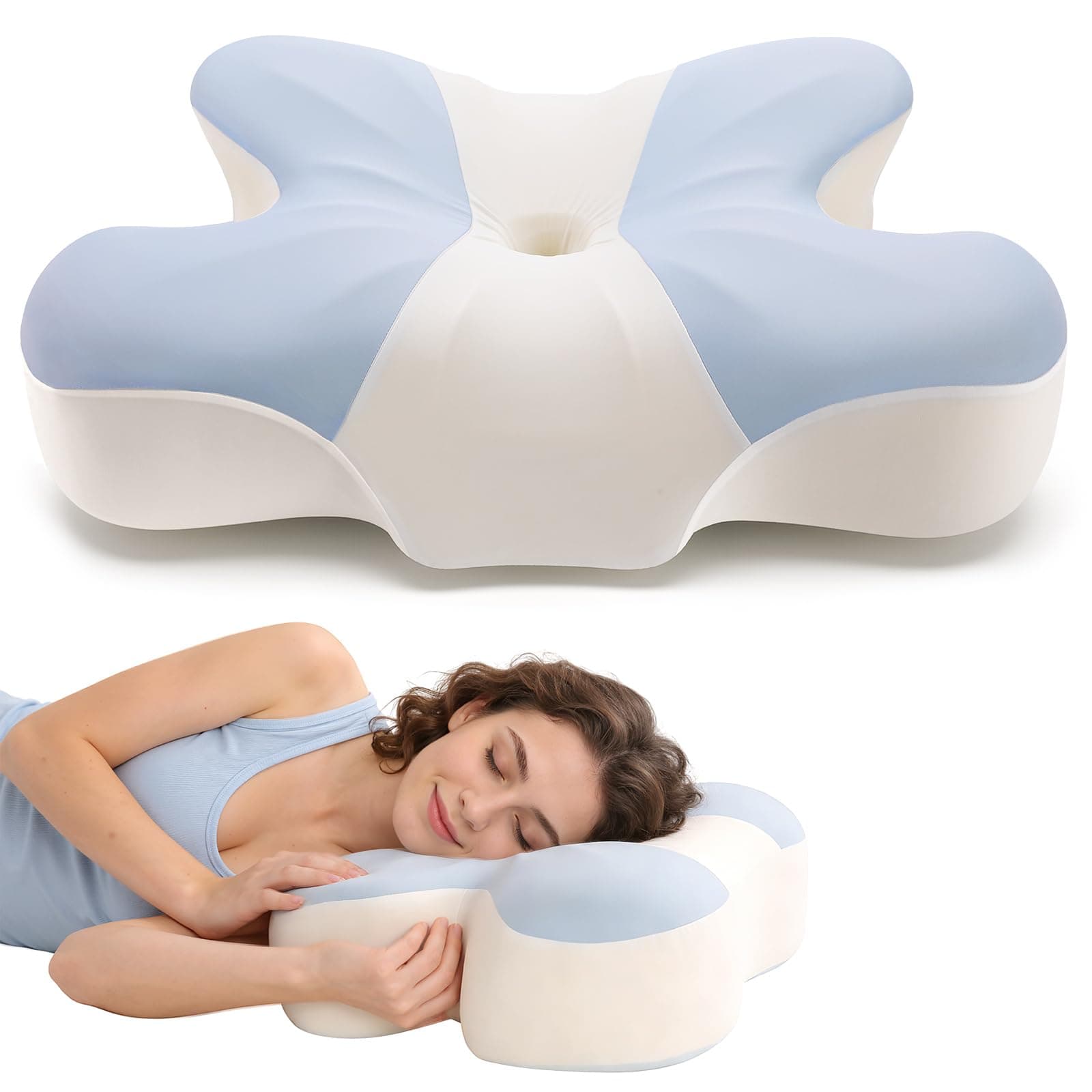 Duale Höhe Seitenschläferkissen zur Schmerzlinderung (Blau mit weißen) | Nackenstützkissen mit Abnehmbarem Bezug, Memory Foam Orthopädisches Kissen für Seiten/Rücken/Bauchschläfer Angebot bei HelloDeals