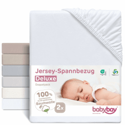 babybay Jersey Spannbetttuch Deluxe Doppelpack passend für die Modelle Maxi, Midi, Boxspring, Comfort und Comfort Plus, weiß, 89 x 50 cm (Doppelpack) Weiß für Modelle Maxi, Midi, Boxspring, Comfort Plus Deluxe Doppelpack Angebot bei HelloDeals