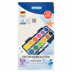 Stylex 28178 - Deckfarbkasten mit 12 Wassermalfarben und einer Tube Deckweiß, Wasserfarbkasten mit abnehmbarem Deckel und 6 Mischfeldern 12 Farben Angebot bei HelloDeals