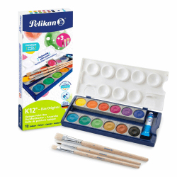 Pelikan K12 Deckfarbkasten inkl. 3 Pinsel Schulset | Pelikan K12 Deckfarbkasten, 12 Farben mit Deckweiß & Pinsel für die Schule Angebot bei HelloDeals