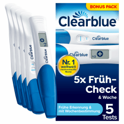 Clearblue Schwangerschaftstest 5x Früh-Check & Woche Bonus Pack, Ergebnisse 6 Tage früher (visuelle Teststäbchen) & mit Anzeige der Wochen (digitales Teststäbchen), 5 Tests (1 digital, 4 visuell) Angebot bei HelloDeals