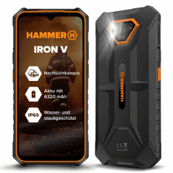 Hammer Iron V Outdoor Handy ohne Vertrag, 12 GB/64 GB, 6320 mAh Akku, 6,5 Zoll HD+ Display, 50 MP, Kamera mit Nachtsicht-Sensor, IP68/IP69K, NFC, Fingerabdrucksensor, Unterwasserfotos Schwarz-Orange Angebot bei HelloDeals
