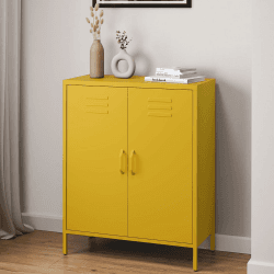 skølm Atria Metall Kommode – Sideboard in Gelb – Metallschrank mit 3 Fächern & Doppeltüren – Mehrzweckschrank mit flexiblen Einlegeböden – Industrial Highboard – Aufbewahrungsschrank/Flurschrank Senfgelb ohne Schubladen Angebot bei HelloDeals