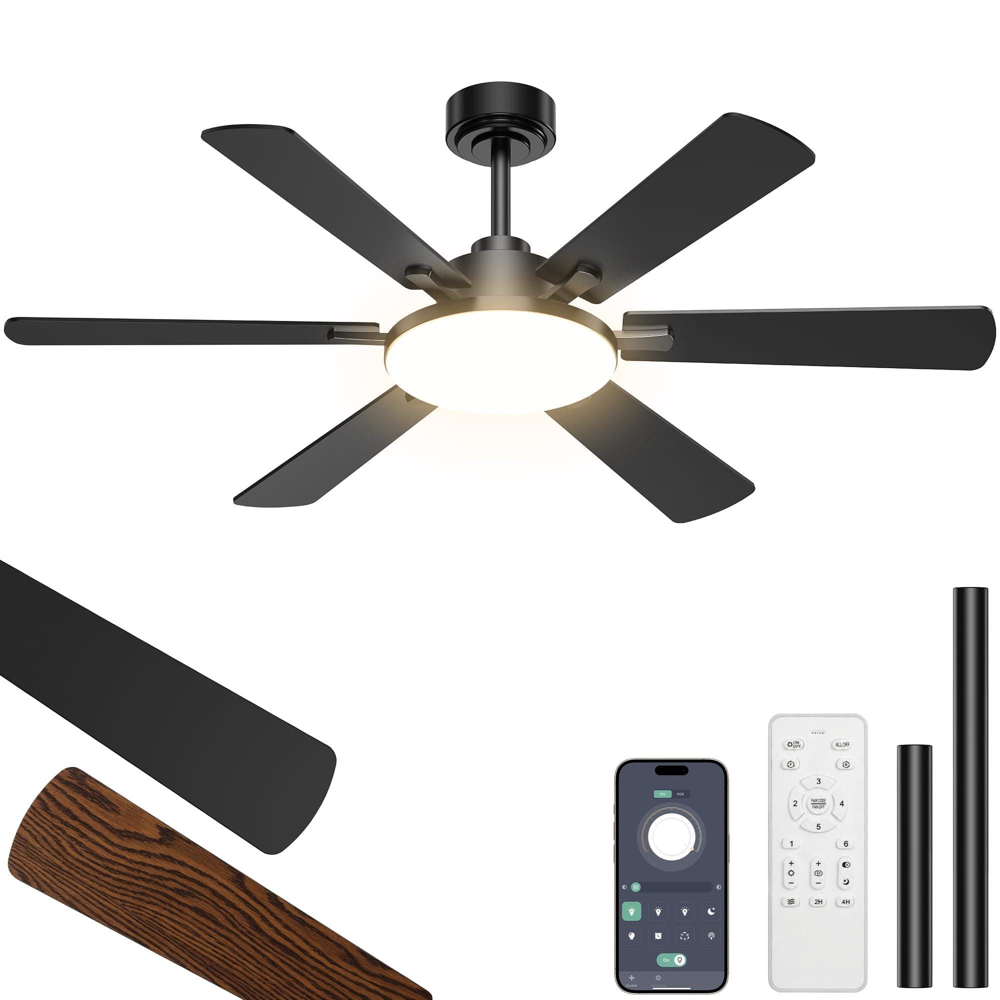 Deckenventilator mit Beleuchtung 132cm 6 Blätter Deckenventilator mit Fernbedienung Leiser Reversibler Gleichstrommotor 6 Gänge 3CCT Dimmbare LED Doppelseitige Flügeln für Schlafzimmer Wohnzimmer Schwarz/Dunkelholz-deckenstange Angebot bei HelloDeals