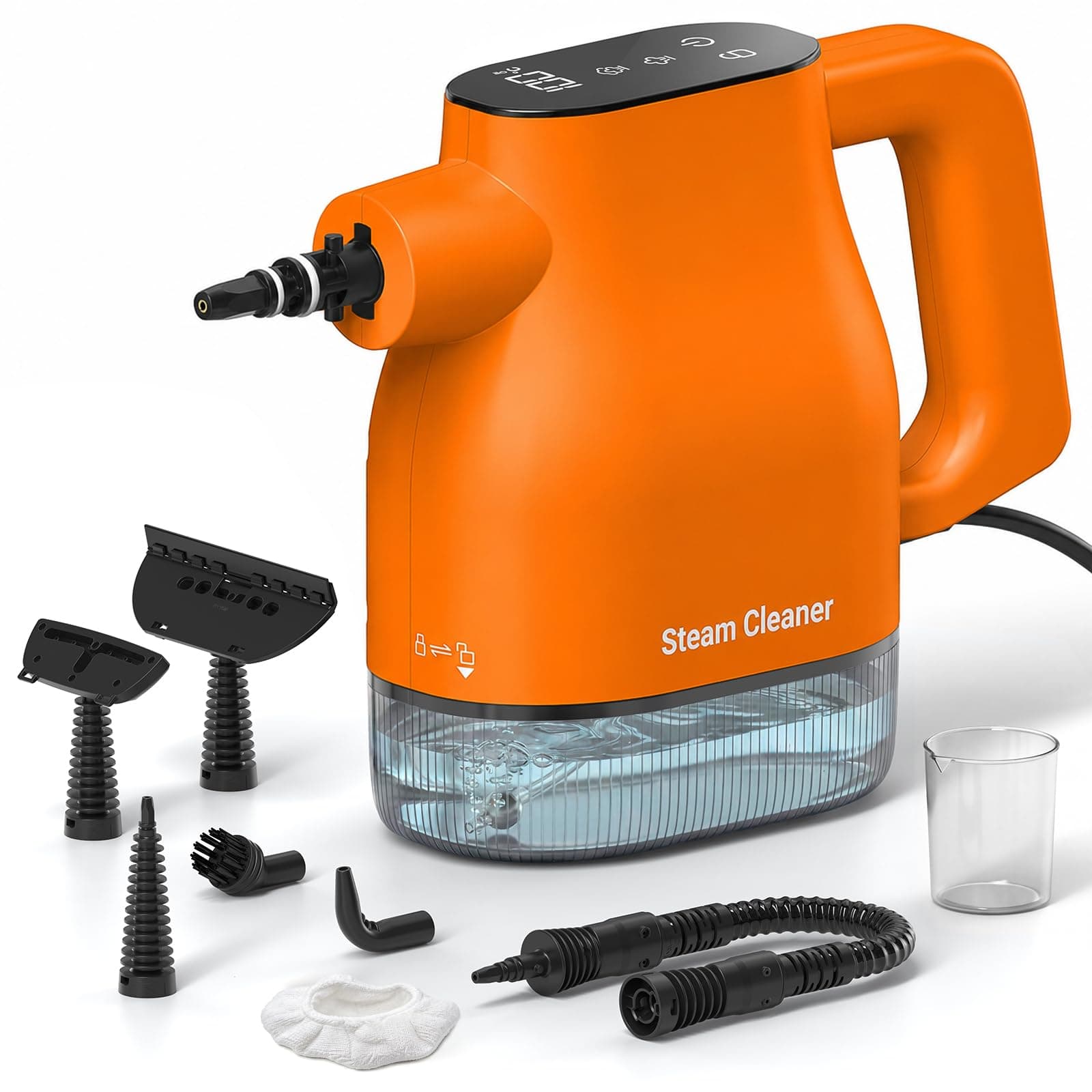 Handdampfreiniger mit Smart-Touchscreen, 10 Sek. Aufheizzeit, 400 ml Wassertank, 4 m Netzkabel, 2 Dampfstufen, 9-in-1 Dampfreiniger für Küche, Bad, Fliesen, Fugen, Polster und Auto, Orange Angebot bei HelloDeals