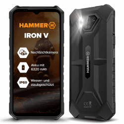 Hammer Iron V Outdoor Handy ohne Vertrag, 12 GB/64 GB, 6320 mAh Akku, 6,5 Zoll HD+ Display, 50 MP, Kamera mit Nachtsicht-Sensor, IP68/IP69K, NFC, Fingerabdrucksensor, Unterwasserfotos Schwarz Angebot bei HelloDeals