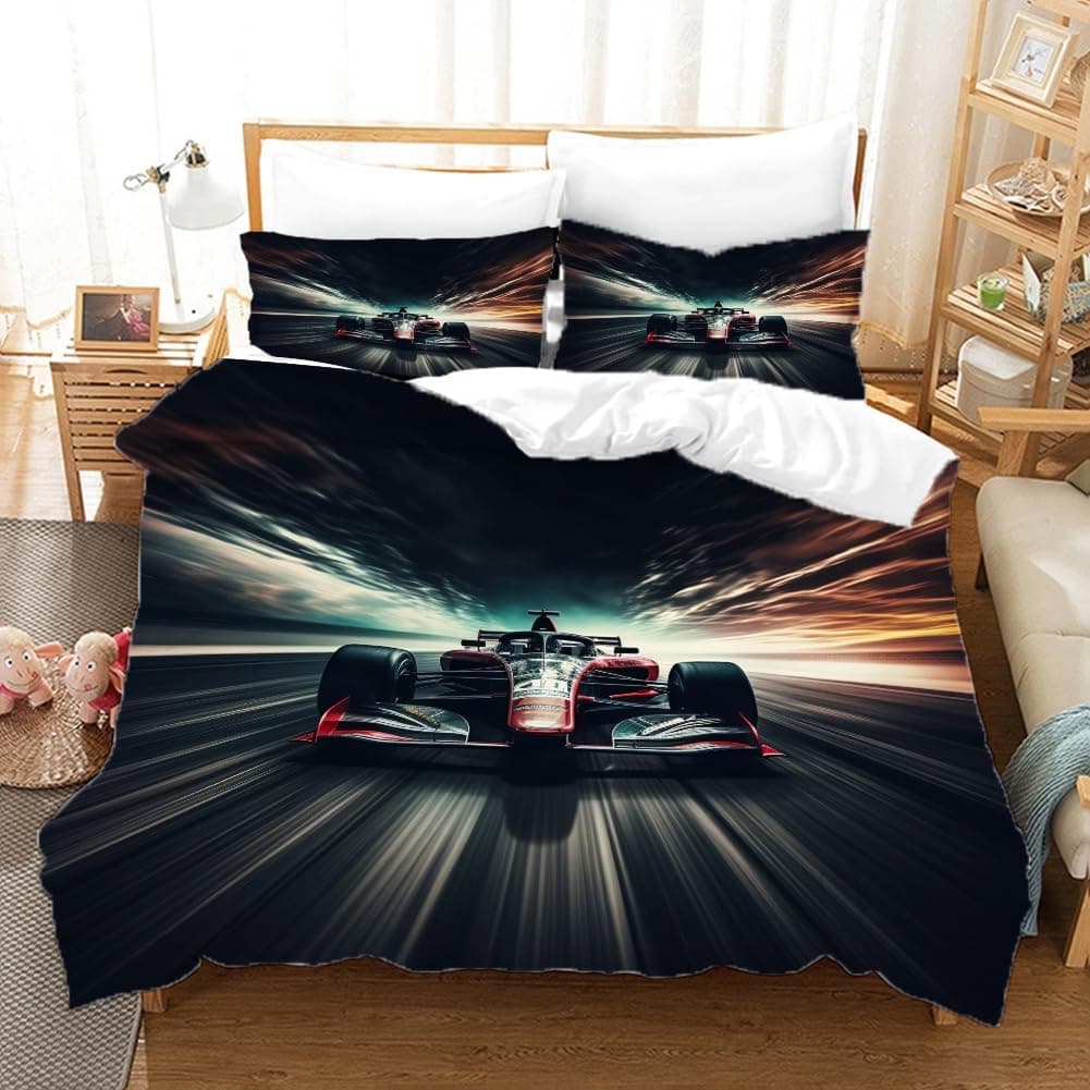 Formel 1 Rennwagen Bettwäsche Set für Sommer, 3D Sportwagen Design, Mikrofaser, 135x200 cm mit Kissenbezügen, Schwarz-Rot，Entspricht Oeko-TEX® Zertifiziert B 135x200 Angebot bei HelloDeals