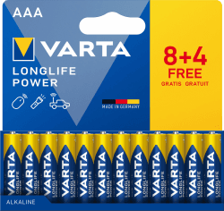 VARTA Batterien AAA, 12 Stück (8+4), Longlife Power - Alkaline Micro Batterien LR03 mit 1,5 V - Made in Germany - für energieintensive Geräte Angebot bei HelloDeals