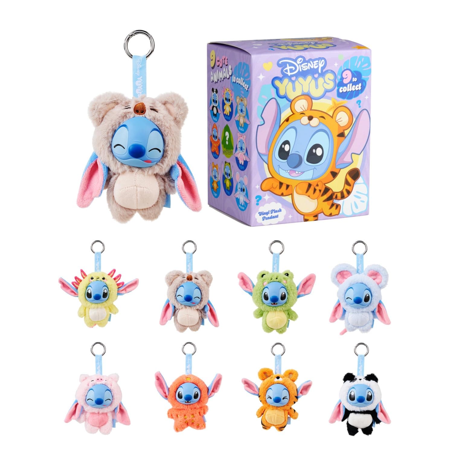 Disney YuYus Stitch Wave 1 – Plüsch-Vinyl-Charms im Blindbox-Format, Bag-Charm-Trend, 9 tierische Designs wie Tiger oder Axolotl, Karabiner, Überraschungsfigur, ca. 12 cm, für Kinder & Fans Angebot bei HelloDeals