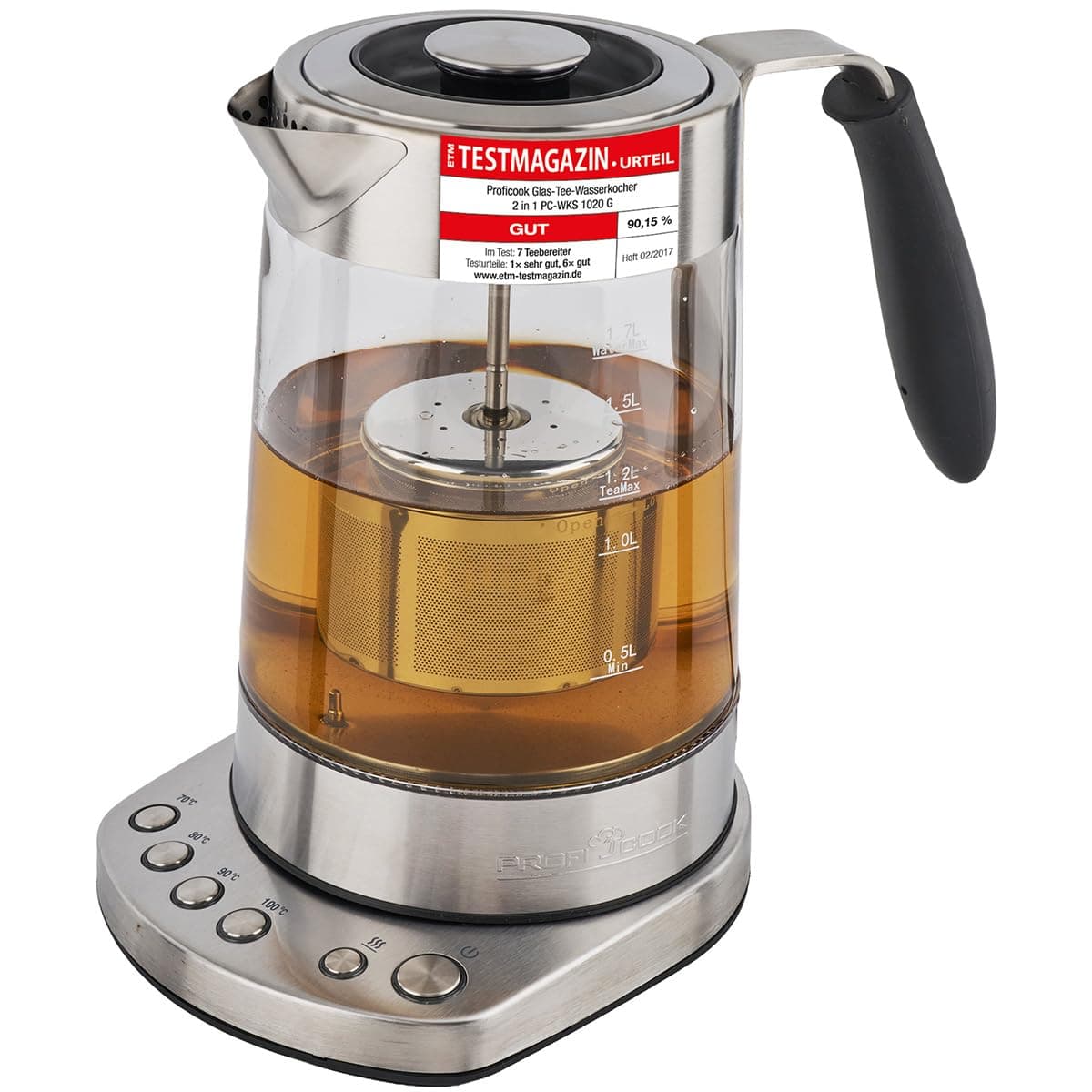 ProfiCook® Glas-Wasserkocher | 1,7 Liter | Glas-/Edelstahlgehäuse | 70° C bis 100° C | 3000 Watt max. | gummierter Griff | Edelstahlteefilter | Warmhaltefunktion | PC-WK 1020 G Silber Angebot bei HelloDeals