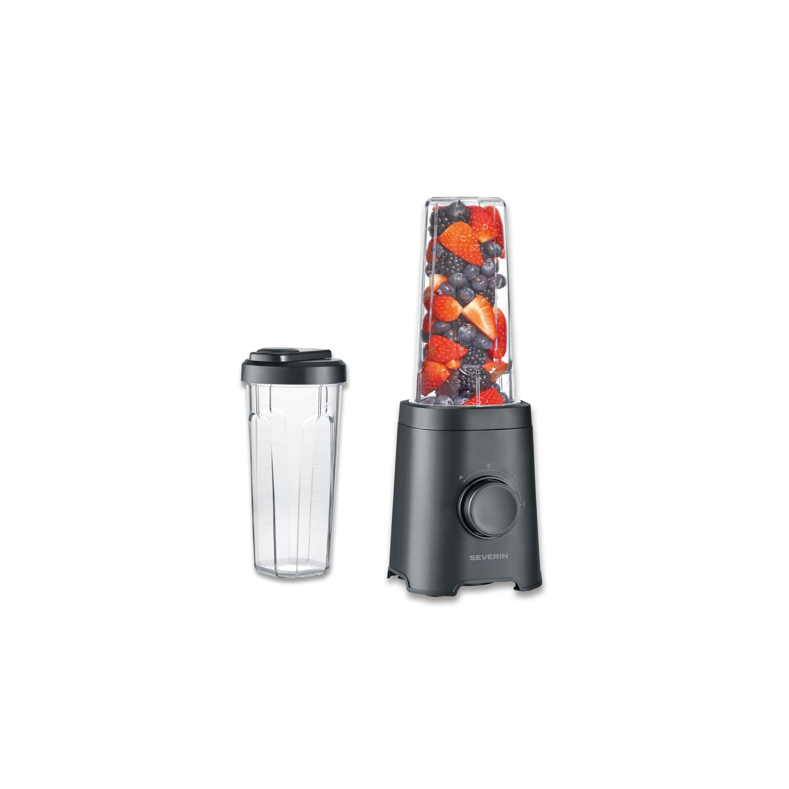 Severin Mixer & Smoothie Maker, Mix & Go, 2 Trinkbehälter á 600ml, spülmaschinengeeignet, Standmixer mit Trinkverschluss, 2 Leistungsstufen, Edelstahl-Messer, Auto-Cleaning, 320 W, schwarz, SM 3743 Angebot bei HelloDeals