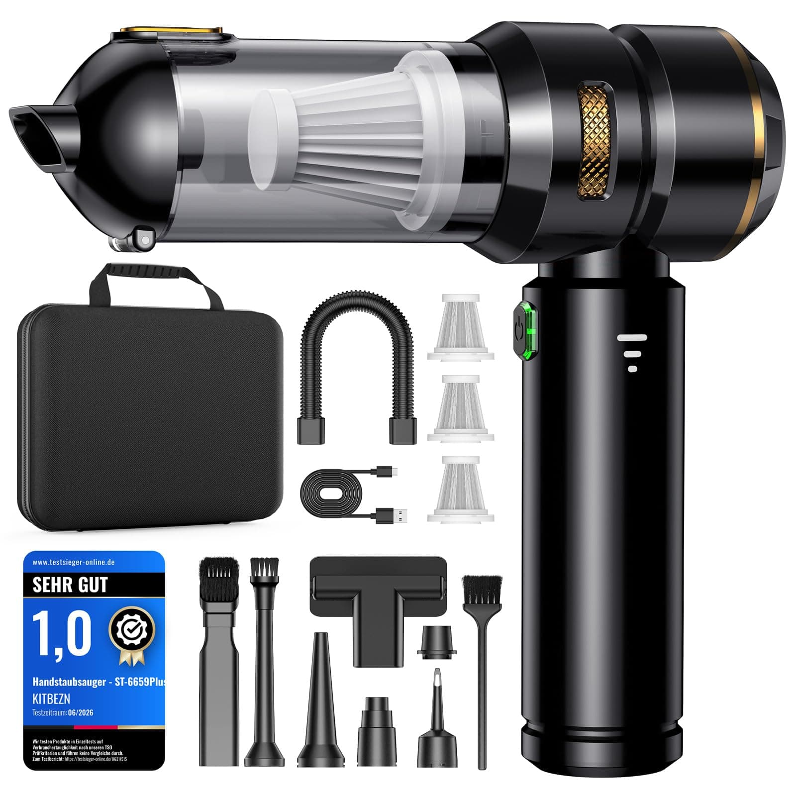 KITBEZN Handstaubsauger, 27KPA Handstaubsauger Akku Kabellos, 135W Autostaubsauger Stark, 4-in-1 Mini Staubsauger mit Bürstenloser Motor per Auto, Haus, Tierhaare, Sofa Reinigung Schwarz Angebot bei HelloDeals
