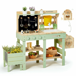 Labebe Matschküche Kinder Outdoor, 3-in-1 Matschküche mit Pflanzkasten und Insekten-Beobachtungsbox, Outdoor Spielküche & Kinderküche aus Holz mit Spüle, Wasserhahn und Zubehör, ab 3 Jahren Angebot bei HelloDeals