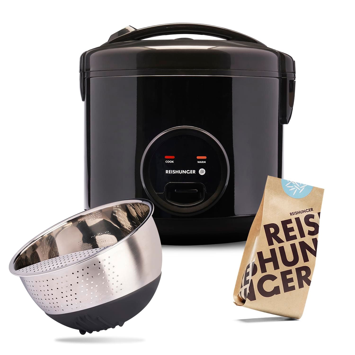 REISHUNGER Reiskocher mit Keramikbeschichtung – 1,8L – Starterset – Schwarz | Set 10-teilig – inkl. Dämpfeinsatz, Löffel, Messbecher, 8-teiligem Reisset & Edelstahl Reiswaschschüssel 1,8 L Schwarz, Starter Set Angebot bei HelloDeals