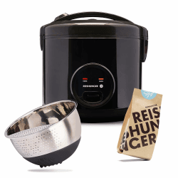 REISHUNGER Reiskocher mit Keramikbeschichtung – 1,8L – Starterset – Schwarz | Set 10-teilig – inkl. Dämpfeinsatz, Löffel, Messbecher, 8-teiligem Reisset & Edelstahl Reiswaschschüssel 1,8 L Schwarz, Starter Set Angebot bei HelloDeals