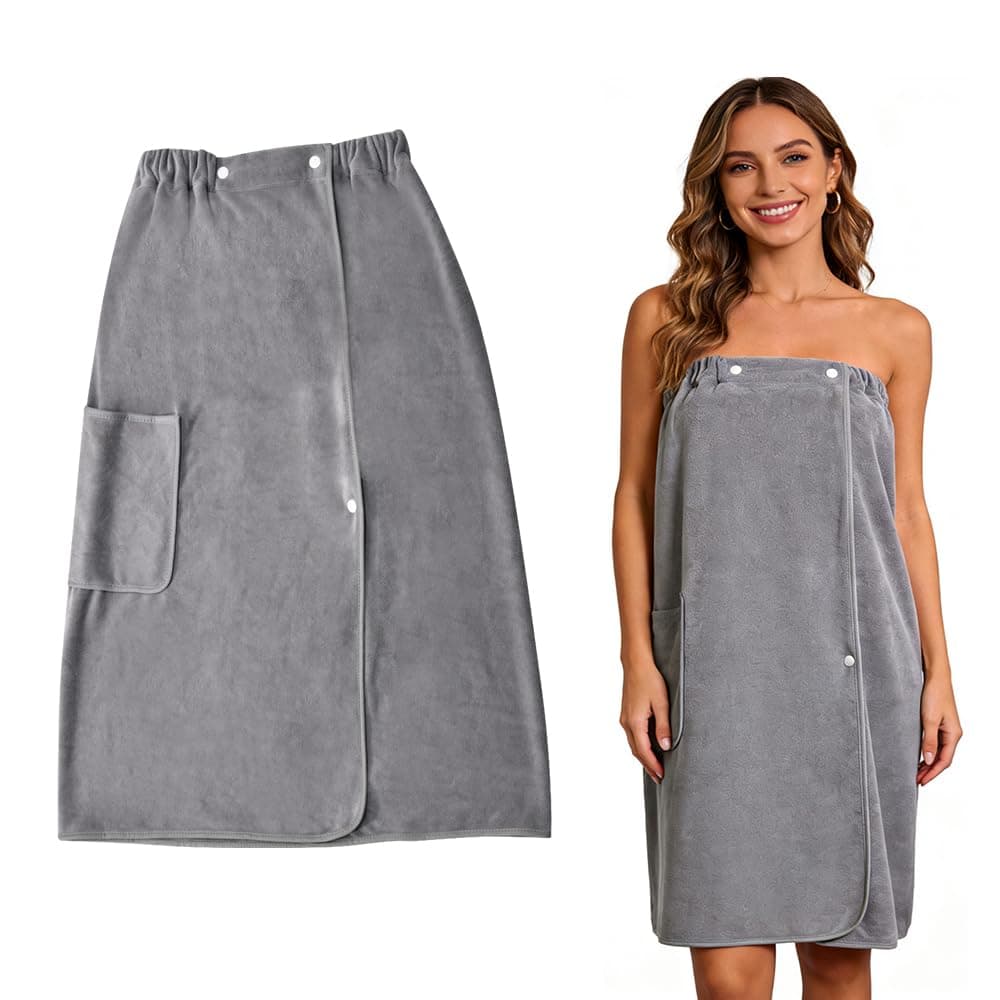 Saunakilt Damen, Bademantel Sauna Saunatücher Frottee Saunakilt Saunahandtuch Saunarock Saunamantel Hamamtuch Saugstark mit Taschen, Druckknopf und Gummizug für Wellness & Spa, Grau Angebot bei HelloDeals