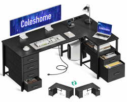 Coleshome Schreibtisch mit Stoff Schubladen, 140x80cm Umkehrbarer Schreibtisch L Form mit Aktenschublade, Eckschreibtisch mit USB-Ladeanschluss und Steckdose, Home Office Schreibtische, Schwarz Schwarz 140x80cm Angebot bei HelloDeals