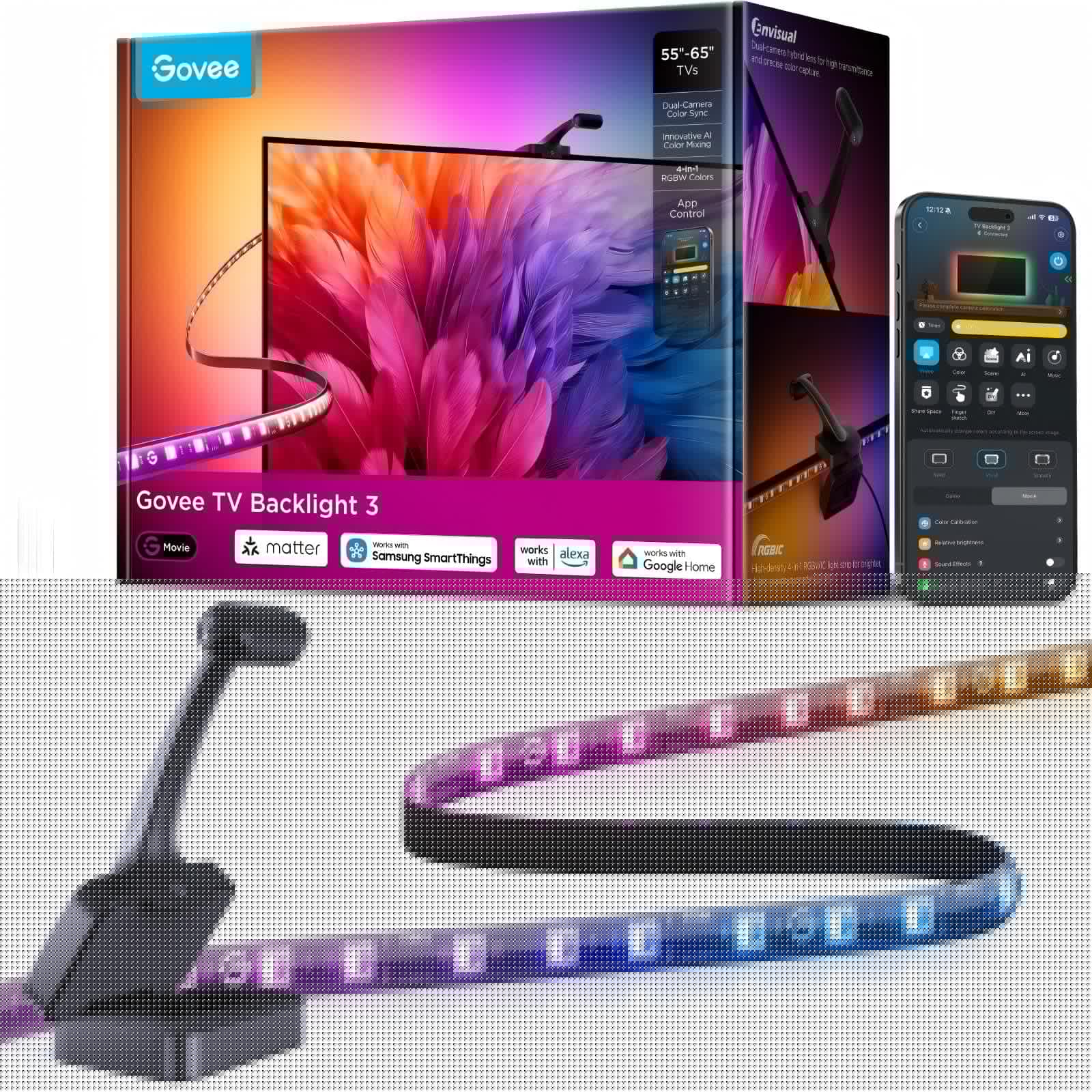 Govee TV Hintergrundbeleuchtung 3 Dual-Kamera 3.6M, RGBWIC TV Backlight | 4 MP Dual-Kamera, für 55-65 Zoll TVs, 60 LEDs/m, AI-Farbfilter für Film/Spiel, App und Sprachsteuerung mit Matter-Steuerung 3,6M für 55-65 Zoll Angebot bei HelloDeals