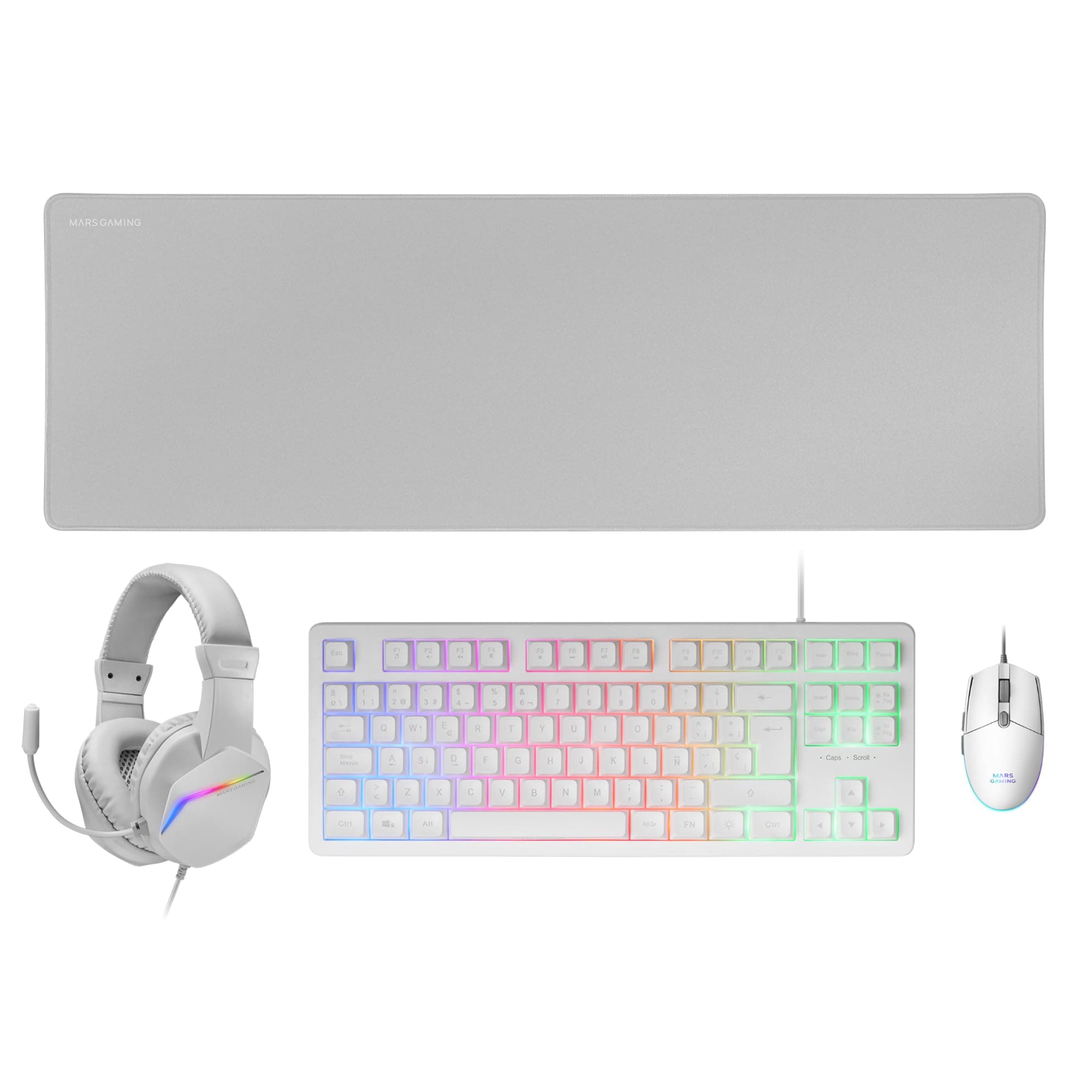 Mars Gaming MCP-RGB3 Pack RGB Tastatur Fixed, Maus Flow 3200 DPI, Over-Ear Kopfhörer, XXL Matte, spanische Sprache, Weiß MCPRGB3WES Angebot bei HelloDeals
