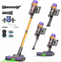 AlloyMove Akku Staubsauger 50000Pa/550W, Staubsauger Kabellos mit Display,Anti-Verwirr-Bürste,Selbststehend,Wandladestation,Geräuscharm, bis 80 Min. Laufzeit, für Tierhaare,Teppiche,Hartböden,Auto Gold Angebot bei HelloDeals