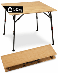 qeedo Quick Kimmy Campingtisch - klappbarer Bambus Tisch höhenverstellbar 43 bis 70 cm - Faltbarer Campingtisch mit Tragegriff & Packtasche - Stabiler Outdoor Tisch für Camping, Garten und Picknick 90 X 90 Cm Angebot bei HelloDeals