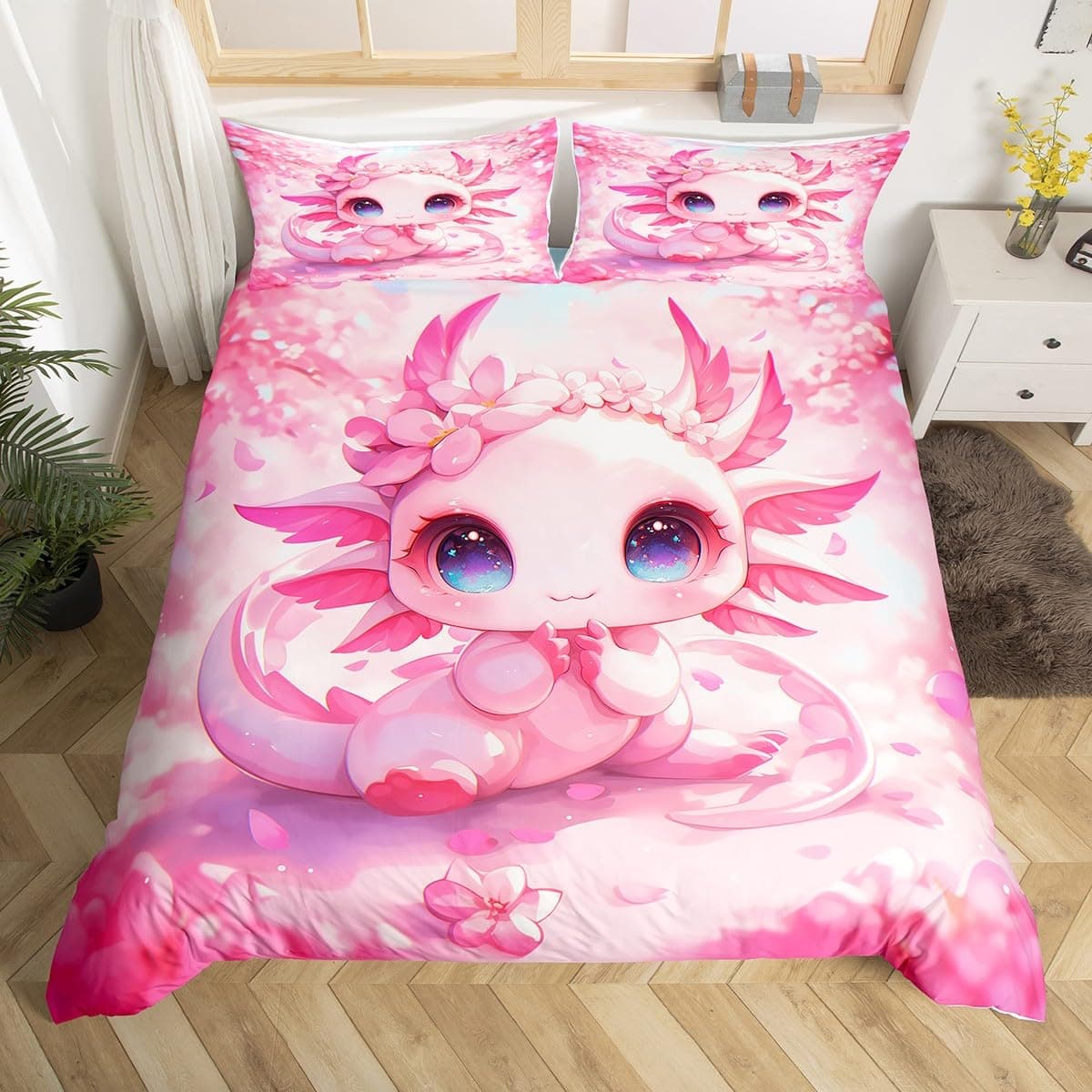 Homewish Kinder Kawaii Axolotl Bettwäsche Set 135x200 Cartoon Sea Creature Tröster Bezug Rosa Kirschblüten Bettbezug Wildtiere Reptile Bettbezug für Kinder Mädchen Jungen Schlafzimmer Dekor Rosa Lila Blau 135*200+80*80*1 Angebot bei HelloDeals