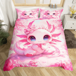 Homewish Kinder Kawaii Axolotl Bettwäsche Set 135x200 Cartoon Sea Creature Tröster Bezug Rosa Kirschblüten Bettbezug Wildtiere Reptile Bettbezug für Kinder Mädchen Jungen Schlafzimmer Dekor Rosa Lila Blau 135*200+80*80*1 Angebot bei HelloDeals