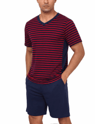 Bresdk Schlafanzug Herren Kurz Sommer Baumwolle Kontraststreifen Pyjama Set Nachtwäsche S-3XL L A - Rot Angebot bei HelloDeals