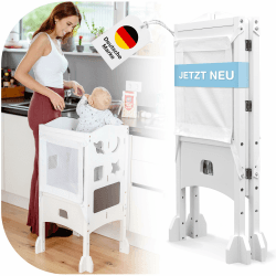 BabybeFun Lernturm ab 1 Jahr - Lernturm klappbar inkl. 360° Sicherheitsnetz - Extra Stabiler und massiver Learning Tower - vormontiert geliefert mit Anti-Kipp-Schutz Weiß Angebot bei HelloDeals
