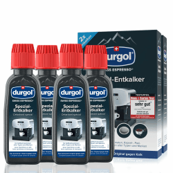durgol swiss espresso Spezial-Entkalker – Kalkentferner für Kaffeemaschinen aller Typen und Arten – Einfache Reinigung ohne Einwirkzeit & Rückstände – Deutsche Version – 4x125ml Angebot bei HelloDeals