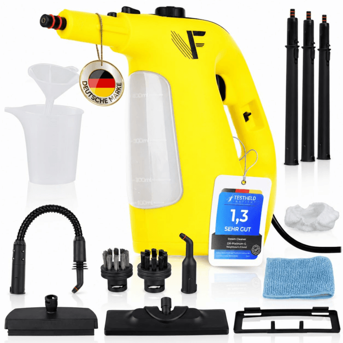 Neighbour's Friend® Dampfreiniger 2 in 1 mit Dampf Mop Funktion – Leistungsstarker Handdampfreiniger 1500W, 4m Kabel, 450ml Tank I Dampfreiniger Handgerät für Boden, Fenster, Bad, Teppich, Küche 1x Dampfbesen Inkl. Zubehör Angebot bei HelloDeals