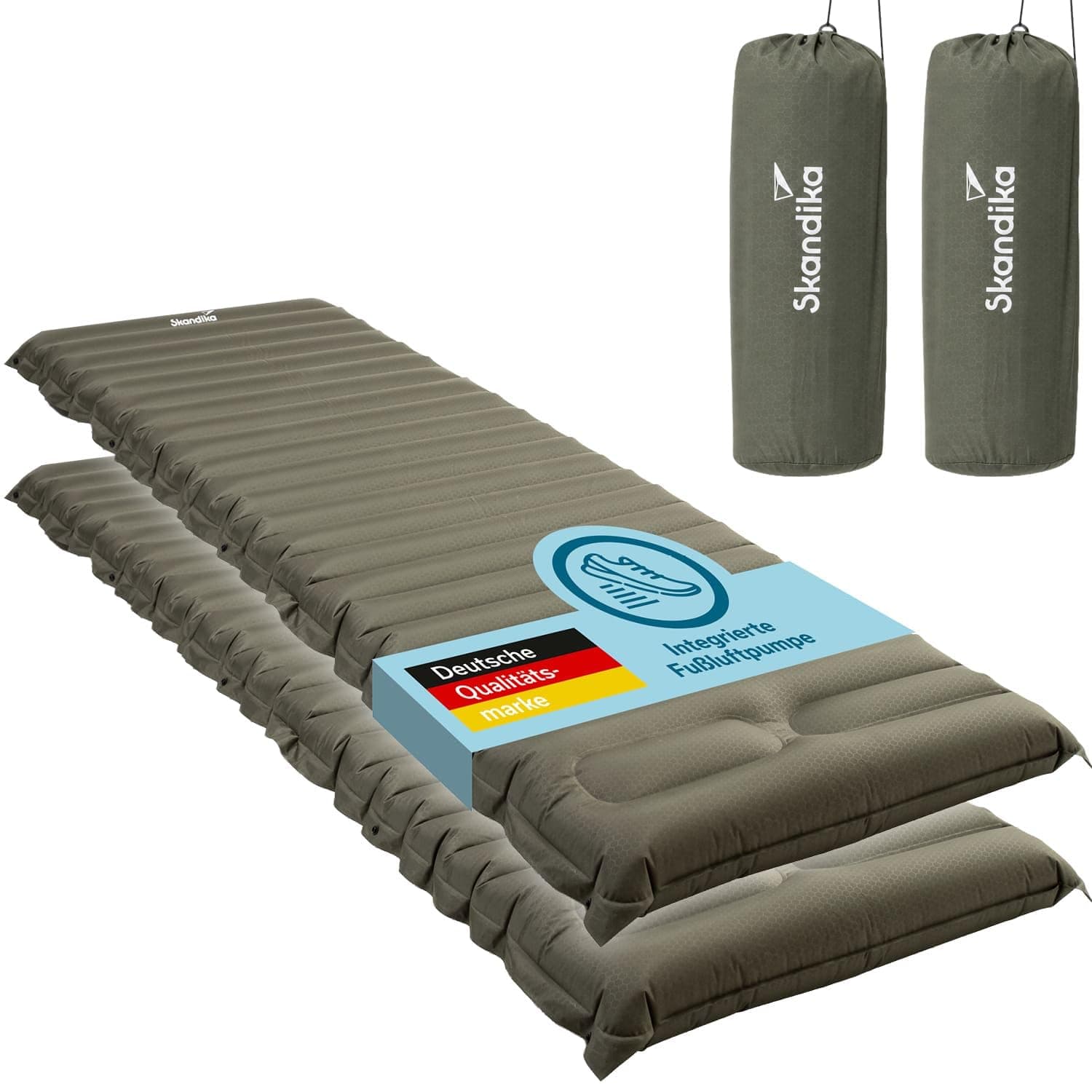 Skandika Luftmatratze Dromluft 2er Set | aufblasbare Matratze, 205 x 65 cm, integrierte Fußpumpe, Druckknöpfe, wasserabweisend, 8 cm dick, kleines Packmaß, Tragetasche | für Camping, Outdoor, Wandern Angebot bei HelloDeals