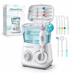 Aquapik 100 professionelle Munddusche mit 600-ml-Wassertank, 10 Druckstufen und 8 Aufsätzen, für Zahnspangen, Implantate, empfindliches Zahnfleisch und die tägliche Mundpflege, Weiß A. Weiß Angebot bei HelloDeals