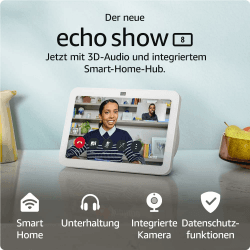 Zertifiziert und generalüberholt Echo Show 8 (3. Gen., 2023) | Smarter HD-Touchscreen mit 3D-Audio, Smart-Home-Hub und Alexa | Weiß Glacier Angebot bei HelloDeals