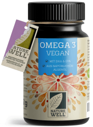 Omega-3 Vegan 60 Kapseln hochdosiert, 2000mg Omega-3 Algenöl pro Tag mit 600mg DHA & 300mg EPA, veganes Omega aus nachhaltigem Anbau als Fischöl-Alternative, laborgeprüft mit Zertifikat, NatureWell 60 Stück (1er Pack) Angebot bei HelloDeals