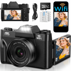 4K Digitalkamera mit WLAN, 75MP Kompaktkameras - 3 Inch 180 Grad Autofokus Wiederaufladbare Vlogging Fotoapparat Kamera mit WiFi Micro SD Karte &2 Akkus, 16X Digitalzoom für Anfänger Schwarz Kompakt Angebot bei HelloDeals