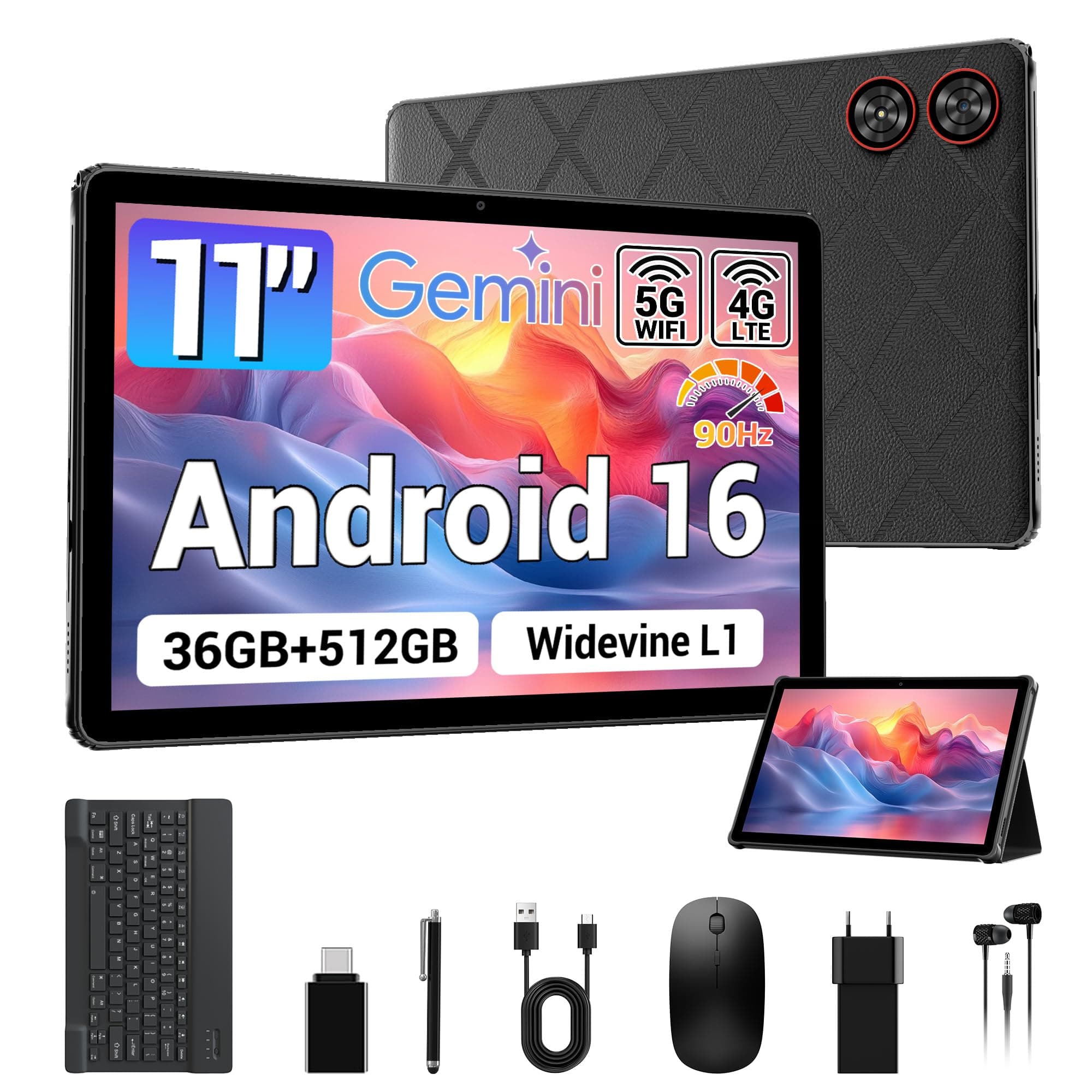 Android 16 Tablet 11 Zoll, 36GB RAM 512GB ROM/1TB TF, Dual SIM 4G LTE + 5G WiFi, 90Hz HD IPS Display, Octa Core, Widevine L1,WLAN, GPS, Tablets mit Tastatur/Hülle/Kopfhörer/Maus/Touch-Stift Nagelschwarz Angebot bei HelloDeals
