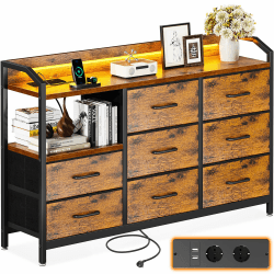 ODK Kommode mit Schubladen, Schubladenschrank mit LED-Lichtstreifen mit 10 Einstellbaren Farben und 2 USB- und 2 AC-Steckdosen, 8 Stoffschubladen, Wohnzimmer Schlafzimmer Kommode, 110*30*88cm Vintage Angebot bei HelloDeals