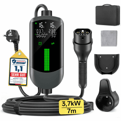Typ 2 Ladekabel Schuko 3,7kW - 7m|6-16A|1-phasig Tragbare Ladekabel Auto, Einstellbarer Ladeleistung, Einstellung Startzeit, LCD-Anzeige, IP65 Wasserdicht, für Allen EVs(IEC 62196-2) & PHEVS 7M Schwarz Angebot bei HelloDeals
