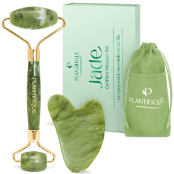 PLANTIFIQUE Jade Gesichtsroller und Gua Sha Stein Set - Natürliches Jade Face Roller & Guasha für Lymphdrainage und Massage Gesicht, Augenroller - Gesichtsmassage Roller Jade Set 2 Stück (1er Pack) Angebot bei HelloDeals