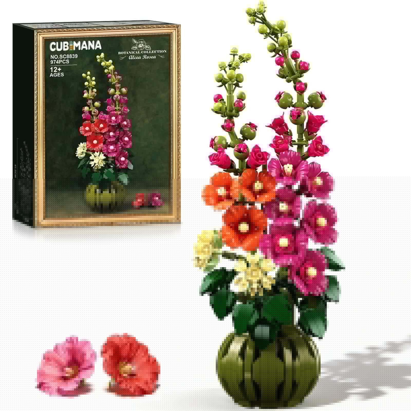CUBIMANA Blumen Botanicals Alcea Rosea - Set mit Kunstblumen für Erwachsene - Künstlicher Zimmerpflanze mit Bausteinvasen - Deko für Home und Zimmer - DIY Geschenke zum Valentinstag für Frauen Männer Angebot bei HelloDeals