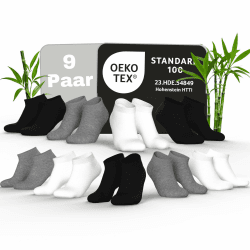MEDOLY Bambus Sneaker Socken (9 Paar) gegen Schweißfüße, ohne Gummibund, mit 70% Viskose aus Bambus-Zellstoff - Sneaker Socken Herren & Damen 43-46 9x Mix1 (Schwarz/Grau/Weiss) Angebot bei HelloDeals