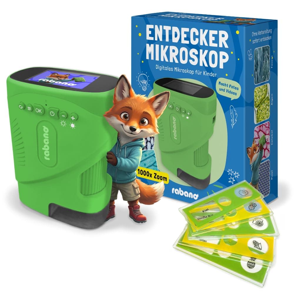 Rabano Tragbares Kinder Mikroskop, 1000x Zoom und HD-Bildschirm, Digitales Mikroskop Kinder für Experimente, Garten & Zuhause, Kindermikroskop & Lupe Spielzeug, Foto- und Video, inkl. SD Karte (Grün) Angebot bei HelloDeals