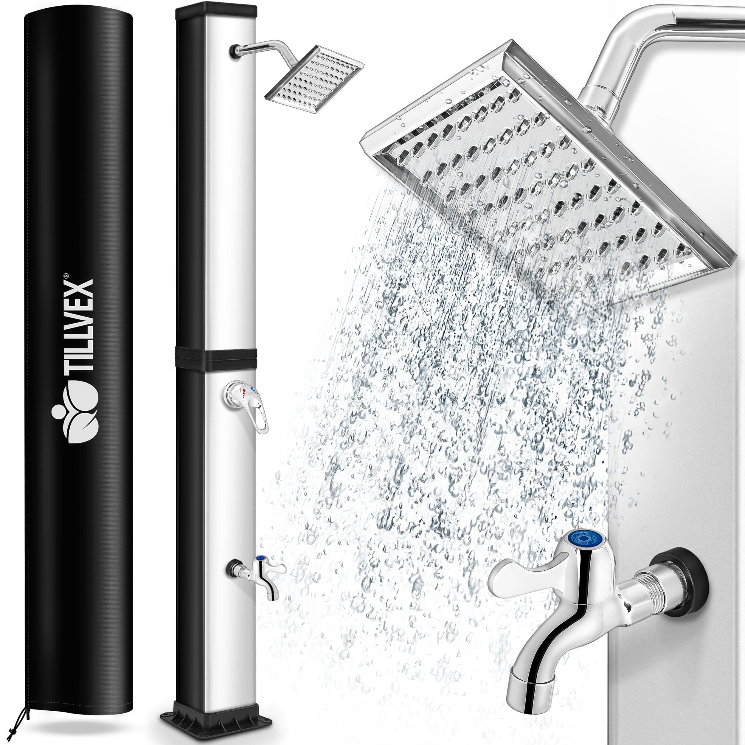 tillvex Solardusche 40 Liter inkl. Schutzhaube | Solar Garten-dusche warmes Wasser | Pooldusche Camping | ohne Stromanschluss | mit Wasserhahn und Regenduschkopf | Gartenschlauch-Anschluss 40 Liter Schwarz / Silber Angebot bei HelloDeals