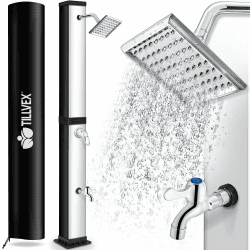 tillvex Solardusche 40 Liter inkl. Schutzhaube | Solar Garten-dusche warmes Wasser | Pooldusche Camping | ohne Stromanschluss | mit Wasserhahn und Regenduschkopf | Gartenschlauch-Anschluss 40 Liter Schwarz / Silber Angebot bei HelloDeals