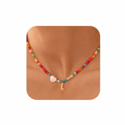 TINGN Bunte Perlenkette Damen mit Buchstaben A-Z Bunte Perlenkette Mädchen Boho Herz Kette Damen Schmuck Teenager Mädchen Geschenke für Frauen Personalisierte Geschenke L-Gold Angebot bei HelloDeals